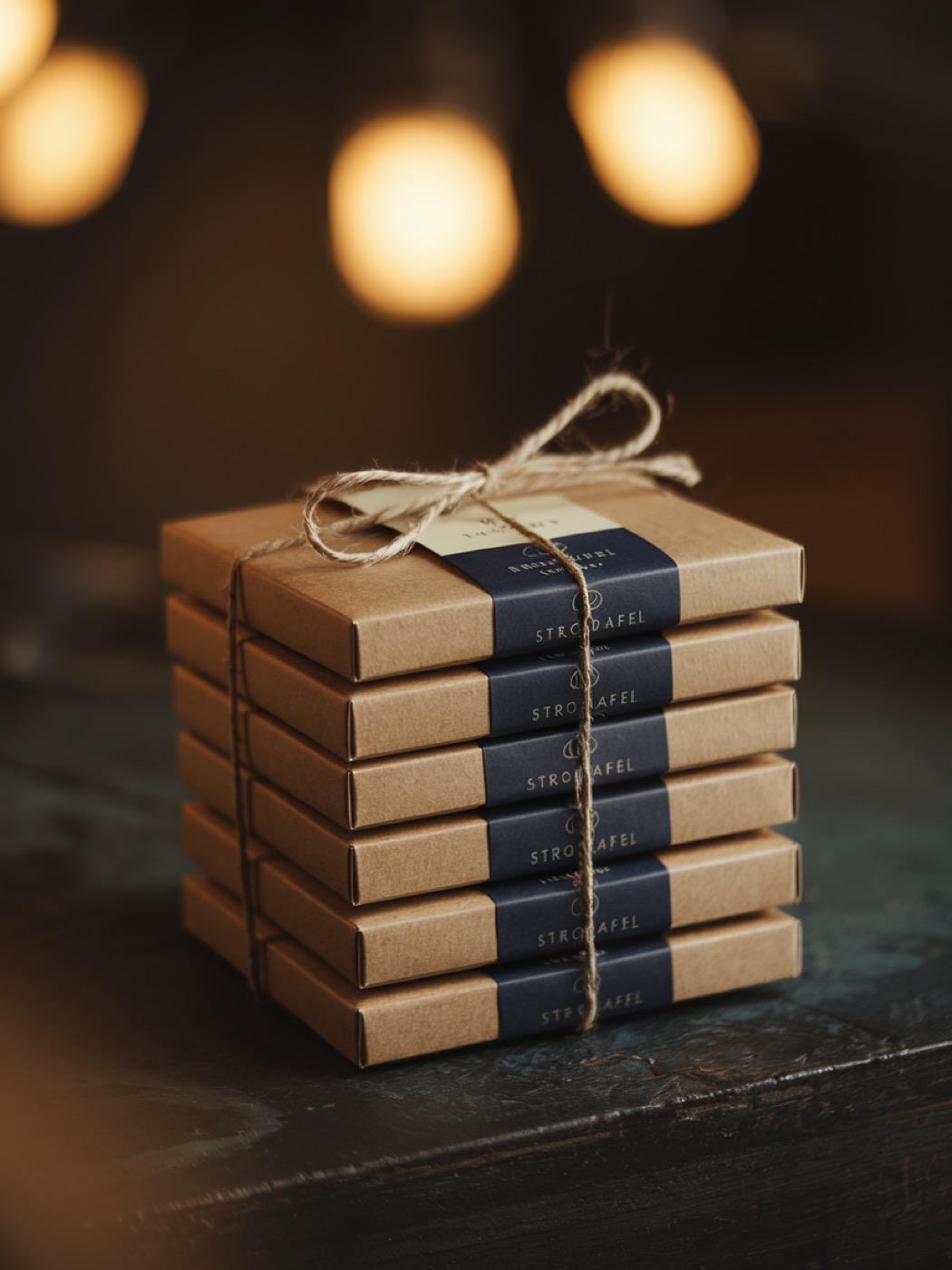 A stack of premium Zaffles boxes tied with twine